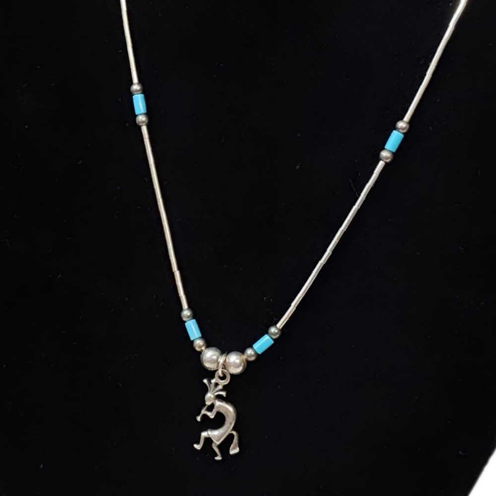 Sun West Silver Sterling Liquid, Turquoise, Ball bead Kokopelli Necklace 16" - Picture 3 of 9